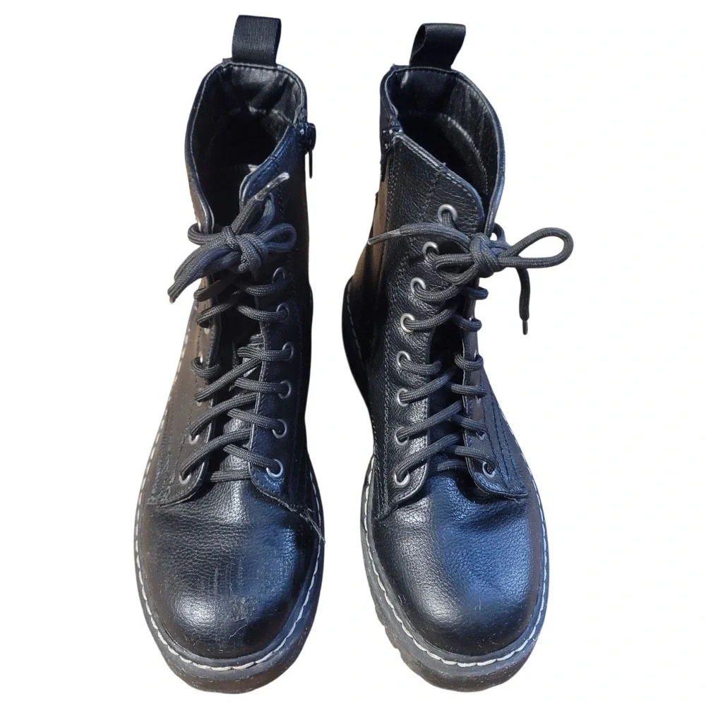 Sincerely Jules Harley 2 Black Leather Ankle Combat Boots Lace/Zip Up‎ Sz 7M - Picture 2 of 10